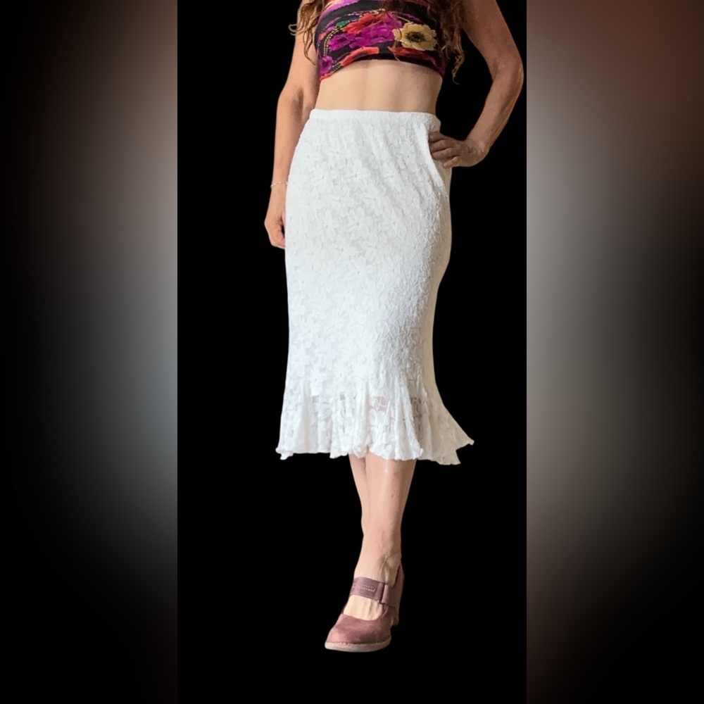 Vintage Ivory Midi Skirt M 30 Waist Lace Bottom Made in USA